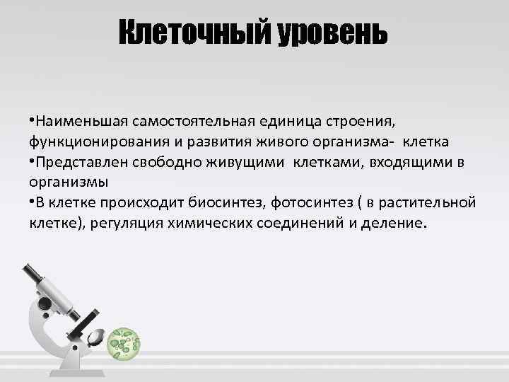 Клеточный уровень • Наименьшая самостоятельная единица строения, функционирования и развития живого организма- клетка •