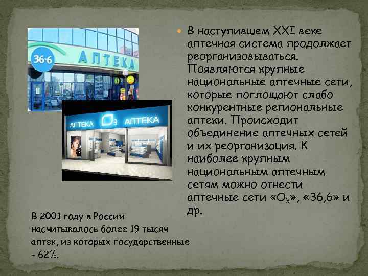  В наступившем XXI веке аптечная система продолжает реорганизовываться. Появляются крупные национальные аптечные сети,