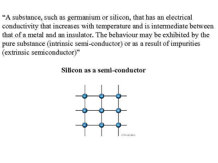 “A substance, such as germanium or silicon, that has an electrical conductivity that increases