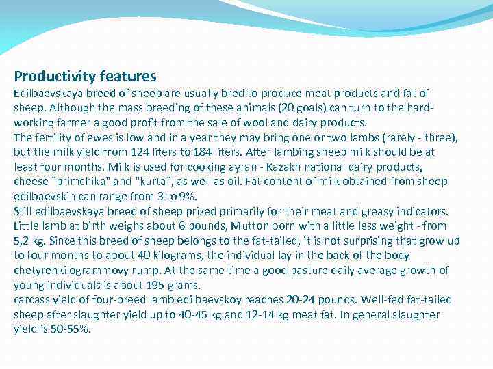 Productivity features Edilbaevskaya breed of sheep are usually bred to produce meat products and