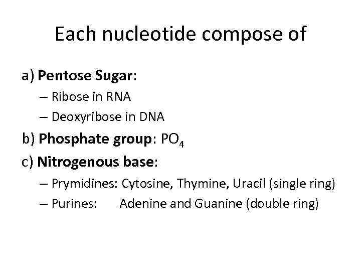 Each nucleotide compose of a) Pentose Sugar: – Ribose in RNA – Deoxyribose in