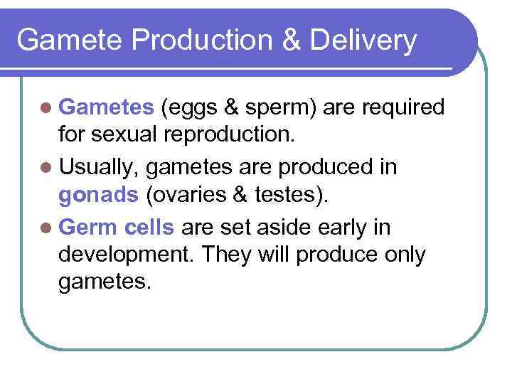 Gamete Production & Delivery l Gametes (eggs & sperm) are required for sexual reproduction.
