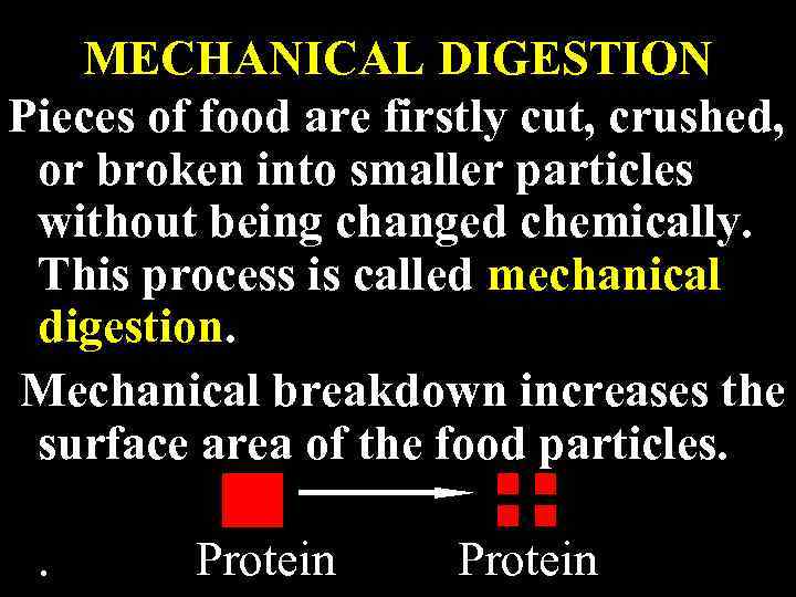 MECHANICAL DIGESTION Pieces of food are firstly cut, crushed, or broken into smaller particles