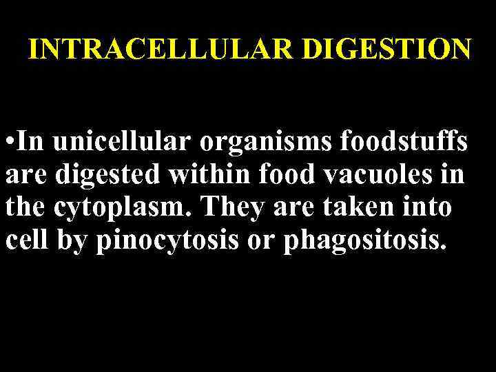 INTRACELLULAR DIGESTION • In unicellular organisms foodstuffs are digested within food vacuoles in the