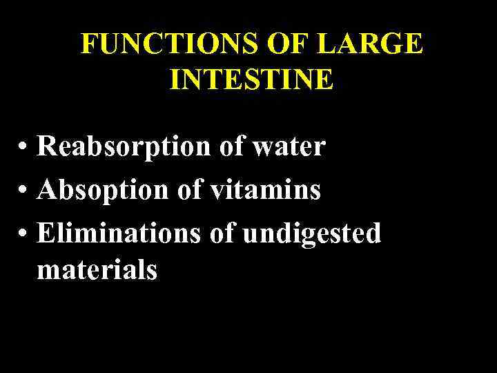 FUNCTIONS OF LARGE INTESTINE • Reabsorption of water • Absoption of vitamins • Eliminations