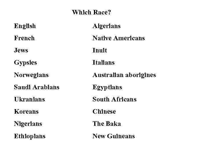 Which Race? English Algerians French Native Americans Jews Inuit Gypsies Italians Norwegians Australian aborigines