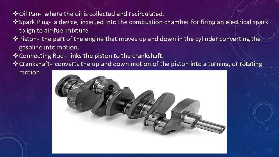 v. Oil Pan- where the oil is collected and recirculated. v. Spark Plug- a