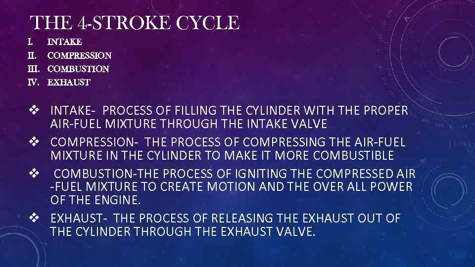 THE 4 -STROKE CYCLE I. III. IV. INTAKE COMPRESSION COMBUSTION EXHAUST v INTAKE- PROCESS