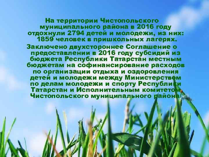  На территории Чистопольского муниципального района в 2016 году отдохнули 2794 детей и молодежи,