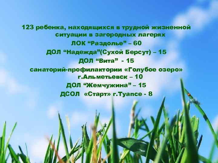  123 ребенка, находящихся в трудной жизненной ситуации в загородных лагерях ЛОК “Раздолье” –