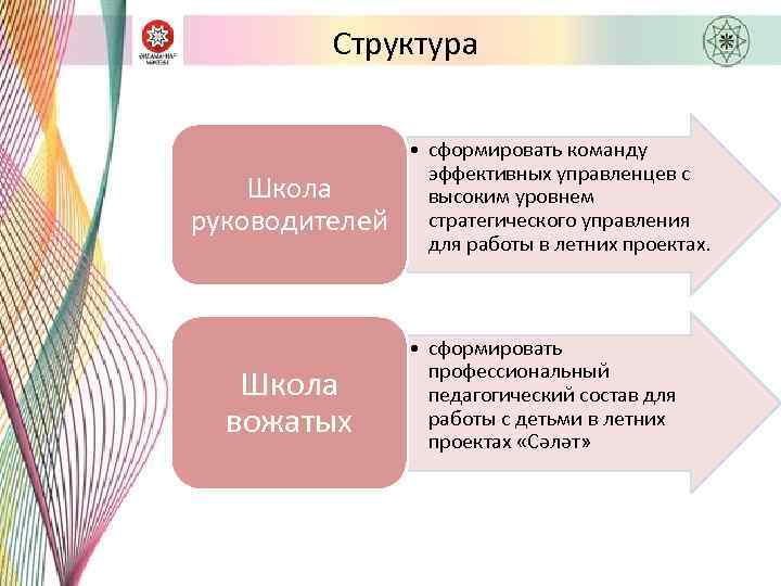 Структура Школа руководителей Школа вожатых • сформировать команду эффективных управленцев с высоким уровнем стратегического