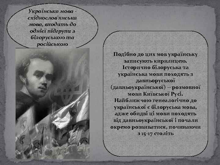 Українська мова східнослов'янська мова, входить до однієї підгрупи з білоруською та російською Подібно до