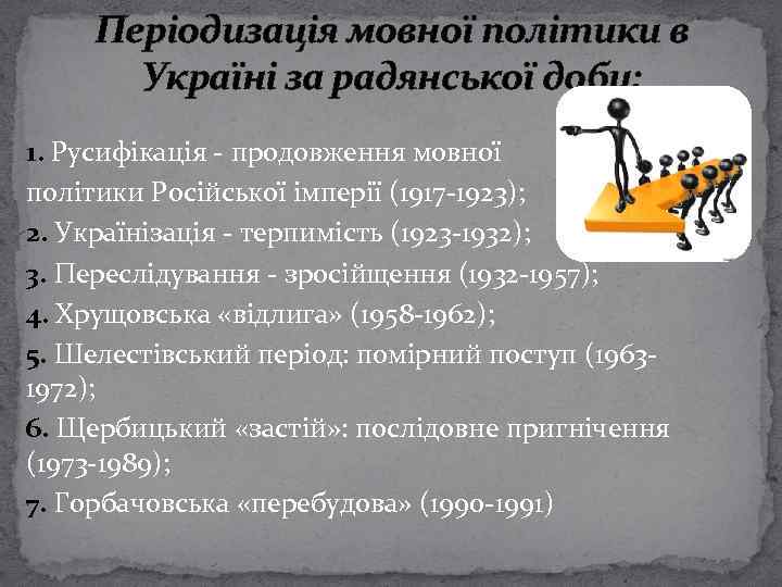 Періодизація мовної політики в Україні за радянської доби: 1. Русифікація - продовження мовної політики