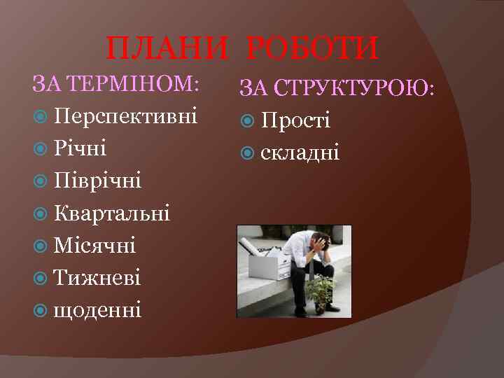 ПЛАНИ РОБОТИ ЗА ТЕРМІНОМ: Перспективні Річні Піврічні Квартальні Місячні Тижневі щоденні ЗА СТРУКТУРОЮ: Прості