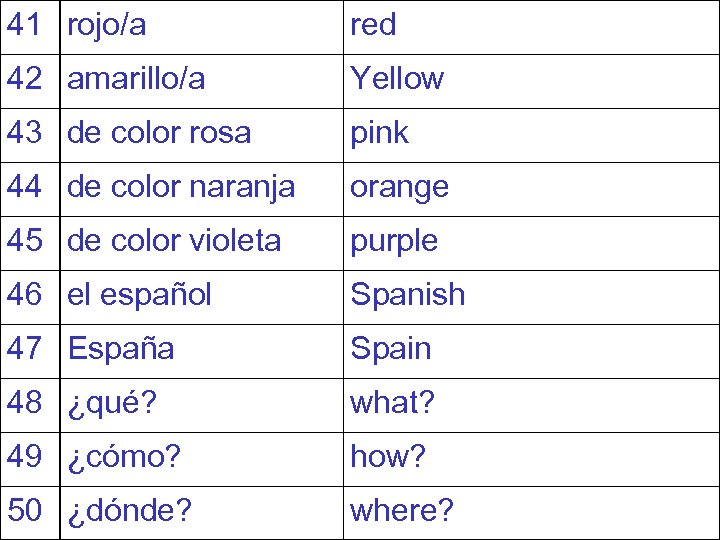 41 rojo/a red 42 amarillo/a Yellow 43 de color rosa pink 44 de color