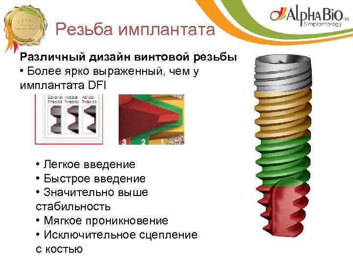 Резьба имплантата Различный дизайн винтовой резьбы • Более ярко выраженный, чем у имплантата DFI