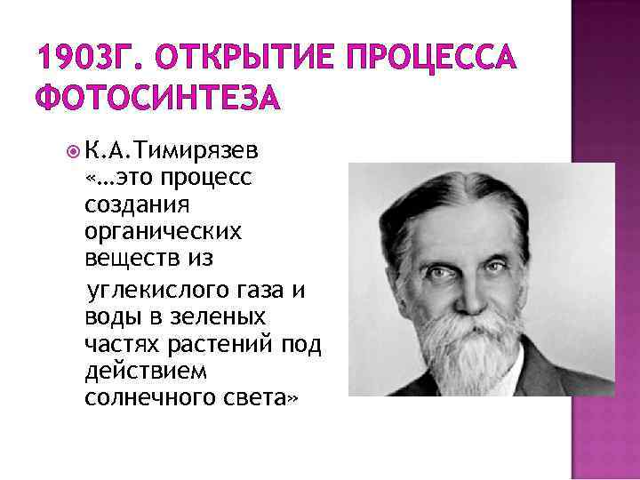 1903 Г. ОТКРЫТИЕ ПРОЦЕССА ФОТОСИНТЕЗА К. А. Тимирязев «…это процесс создания органических веществ из