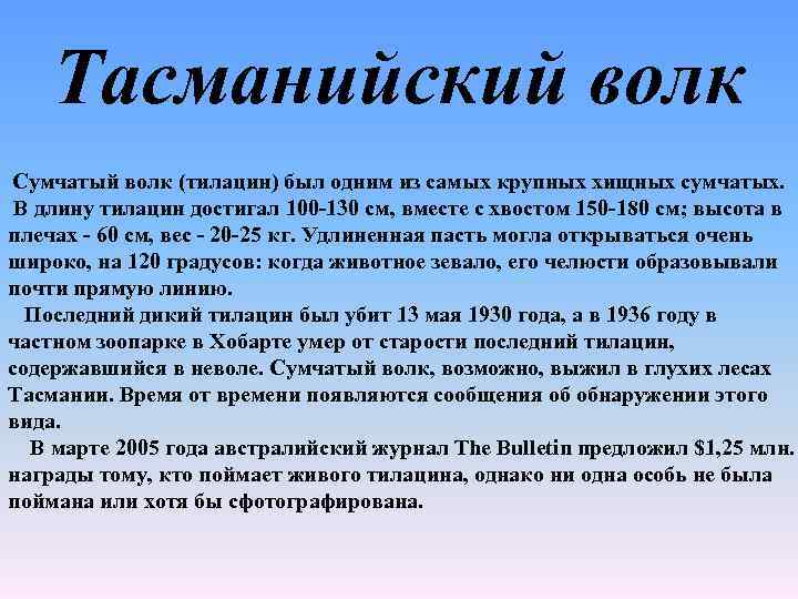 Тасманийский волк Сумчатый волк (тилацин) был одним из самых крупных хищных сумчатых. В длину