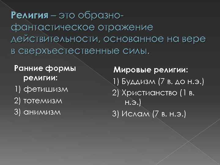 Религия – это образнофантастическое отражение действительности, основанное на вере в сверхъестественные силы. Ранние формы