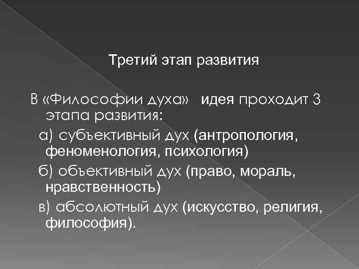 Третий этап развития В «Философии духа» идея проходит 3 этапа развития: а) субъективный дух