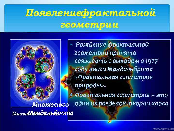 Появлениефрактальной геометрии Рождение фрактальной геометрии принято связывать с выходом в 1977 году книги Мандельброта