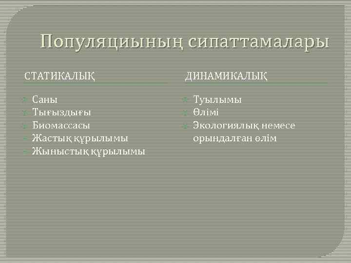 Популяциының сипаттамалары СТАТИКАЛЫҚ Саны Тығыздығы Биомассасы Жастық құрылымы Жыныстық құрылымы ДИНАМИКАЛЫҚ Туылымы Өлімі Экологиялық