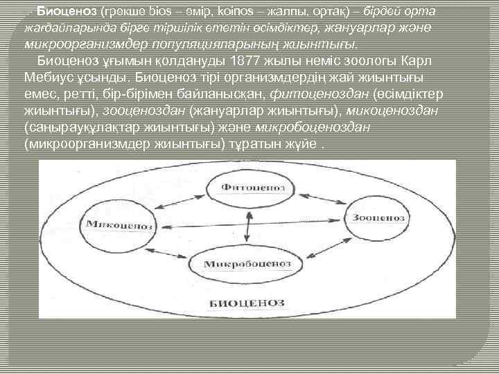 Биоценоз (грекше bios – өмір, koinos – жалпы, ортақ) – бірдей орта жағдайларында бірге