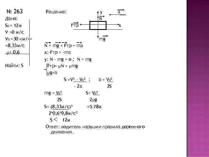 № 263 Дано: S 0 = 12 м V =0 м/с V 0 =30