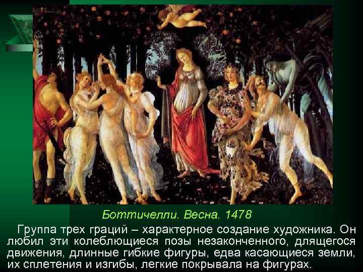 Боттичелли. Весна. 1478 Группа трех граций – характерное создание художника. Он любил эти колеблющиеся