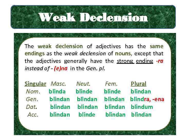 Weak Declension The weak declension of adjectives has the same endings as the weak