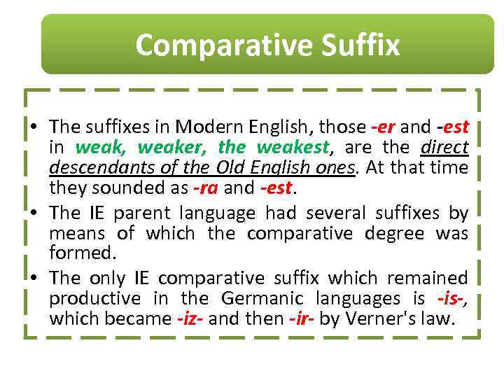 Comparative Suffix • The suffixes in Modern English, those -er and -est in weak,
