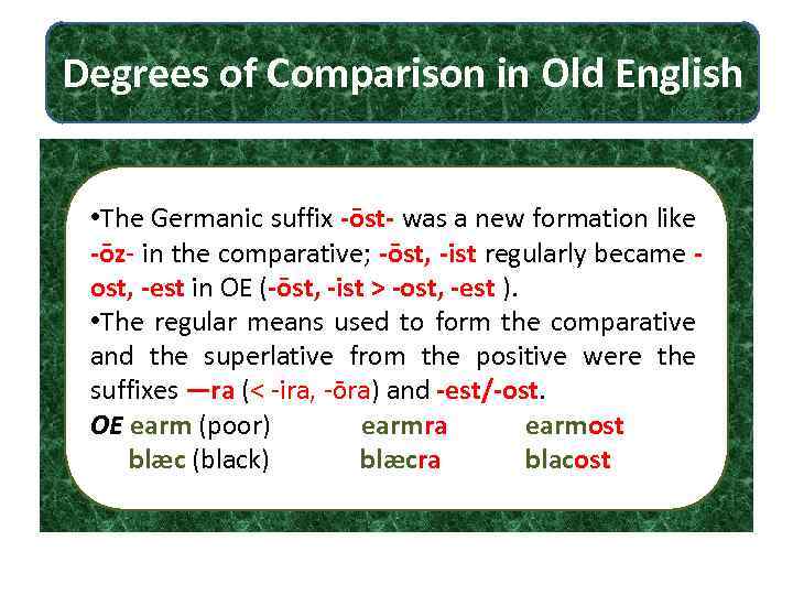 Degrees of Comparison in Old English • The Germanic suffix -ōst- was a new