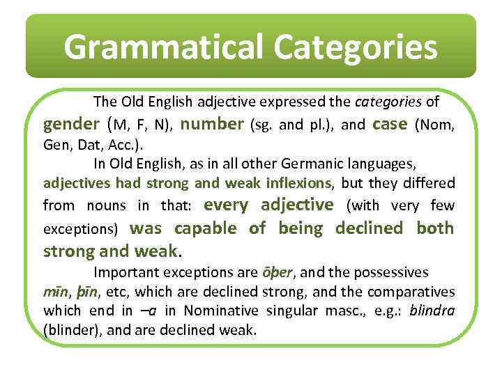 Grammatical Categories The Old English adjective expressed the categories of gender (M, F, N),