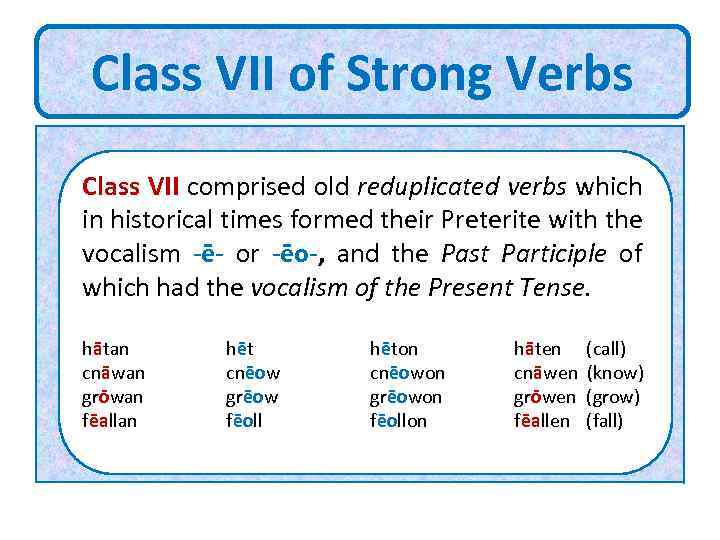 Class VII of Strong Verbs Class VII comprised old reduplicated verbs which in historical