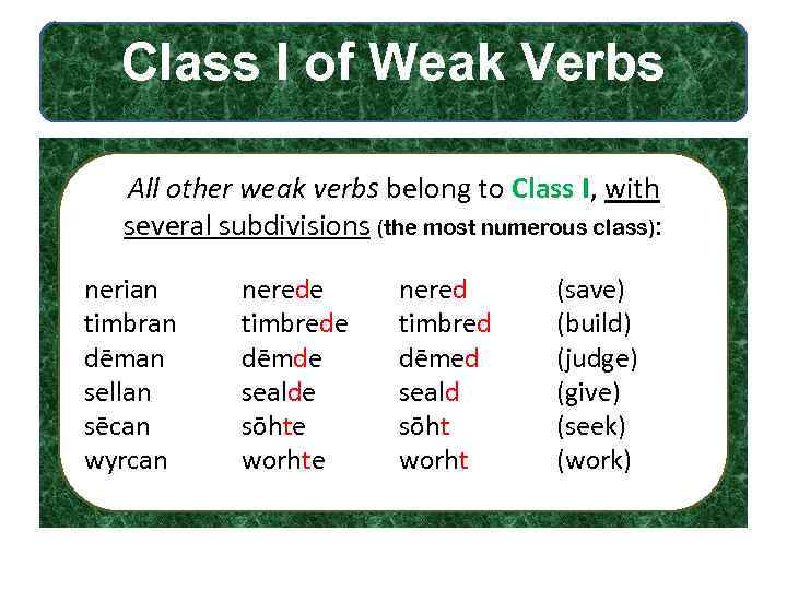 Class I of Weak Verbs All other weak verbs belong to Class I, with