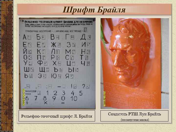 Шрифт Брайля Рельефно-точечный шрифт Л. Брайля Создатель РТШ Луи Брайль (посмертная маска) 