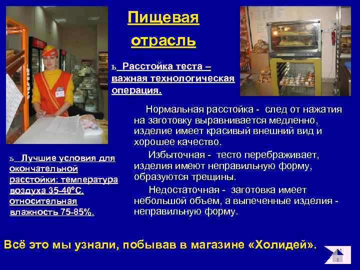 Пищевая отрасль ь Расстойка теста – важная технологическая операция. ь Лучшие условия для окончательной