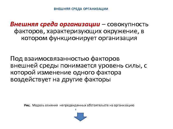 ВНЕШНЯЯ СРЕДА ОРГАНИЗАЦИИ Внешняя среда организации – совокупность факторов, характеризующих окружение, в котором функционирует