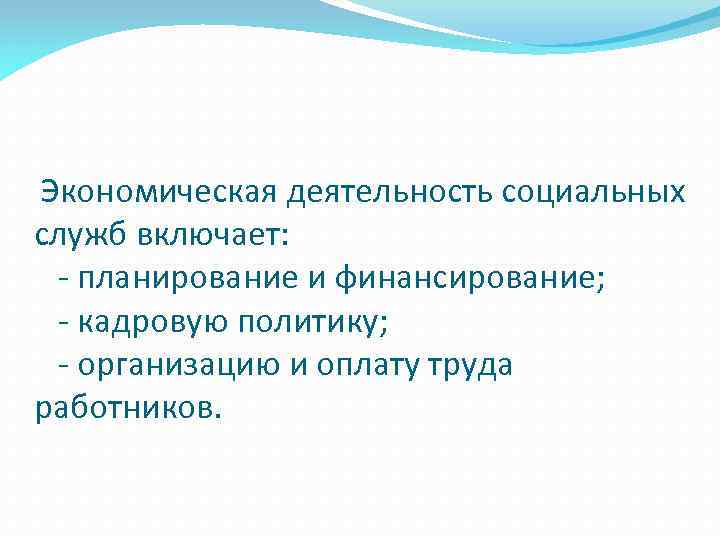  Экономическая деятельность социальных служб включает: - планирование и финансирование; - кадровую политику; -