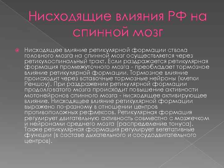 Нисходящие влияния РФ на спинной мозг Нисходящее влияние ретикулярной формации ствола головного мозга на