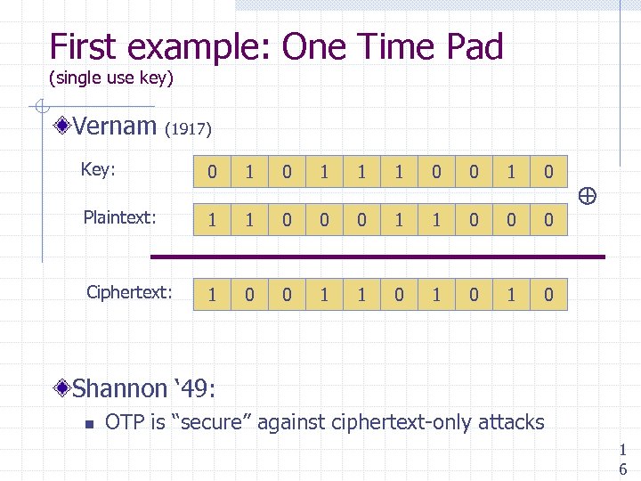First example: One Time Pad (single use key) Vernam (1917) Key: 0 1 1