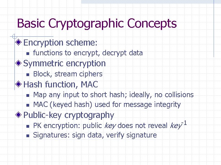 Basic Cryptographic Concepts Encryption scheme: n functions to encrypt, decrypt data Symmetric encryption n