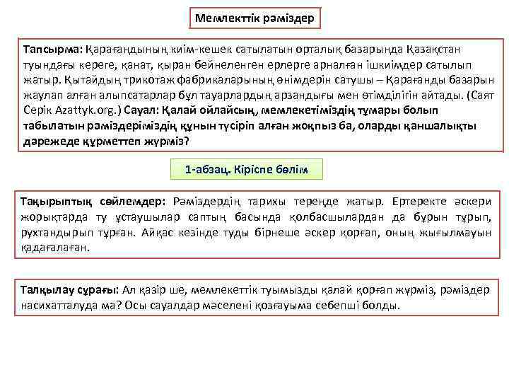 Мемлекттік рәміздер Тапсырма: Қарағандының киім кешек сатылатын орталық базарында Қазақстан туындағы кереге, қанат, қыран