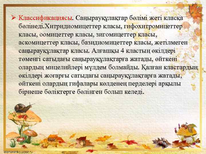 Ø Классификациясы. Саңырауқұлақтар бөлімі жеті класқа бөлінеді. Хитридиомицеттер класы, гифохитромицеттер класы, оомицеттер класы, зигомицеттер