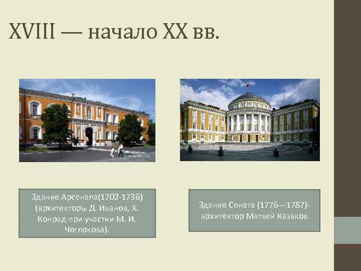 XVIII — начало XX вв. Здание Арсенала(1702 -1736) (архитекторы Д. Иванов, Х. Конрад при