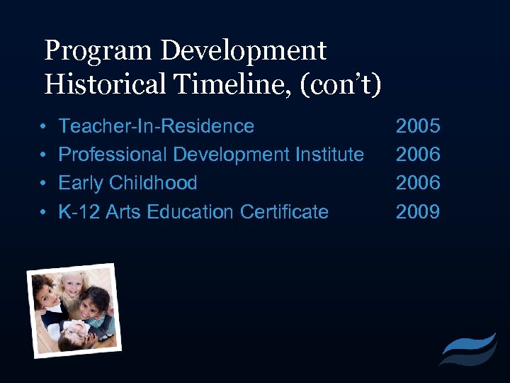 Program Development Historical Timeline, (con’t) • • Teacher-In-Residence Professional Development Institute Early Childhood K-12