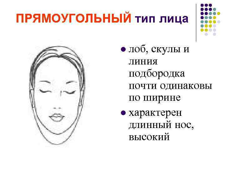 ПРЯМОУГОЛЬНЫЙ тип лица лоб, скулы и линия подбородка почти одинаковы по ширине l характерен