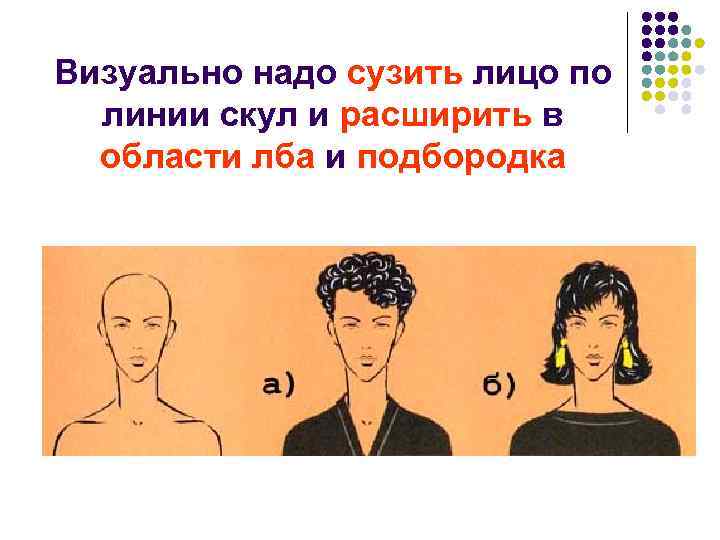Визуально надо сузить лицо по линии скул и расширить в области лба и подбородка
