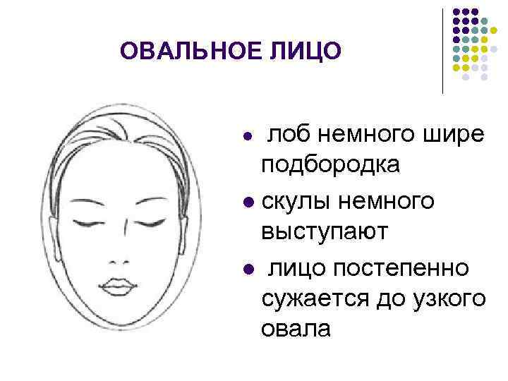 ОВАЛЬНОЕ ЛИЦО лоб немного шире подбородка l скулы немного выступают l лицо постепенно сужается