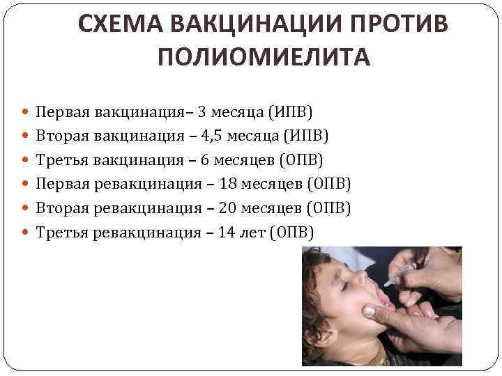 СХЕМА ВАКЦИНАЦИИ ПРОТИВ ПОЛИОМИЕЛИТА Первая вакцинация– 3 месяца (ИПВ) Вторая вакцинация – 4, 5